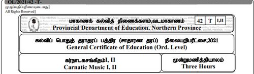 Grade 11 | Music | Tamil medium | Model paper | 2021